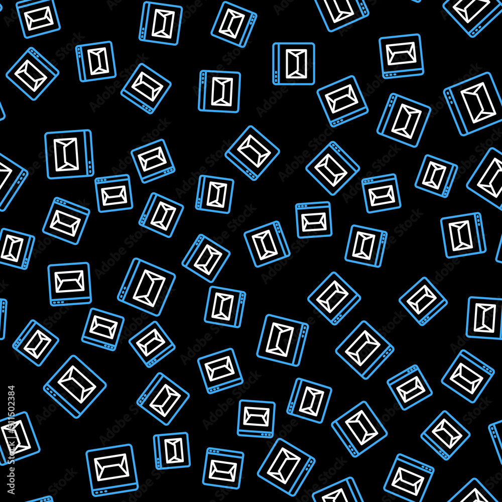 Line Website and envelope, new message, mail icon isolated seamless pattern on black background. Usage for e-mail newsletters, headers, blog posts. Vector