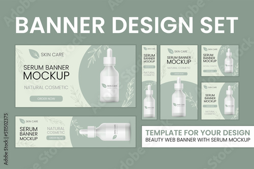 Big set of web banners. Natural or organic skin care product ad template. Bottle mock up 3d illustration on green background. Serum realistic dropper with pipette, abstract banner for cosmetics.