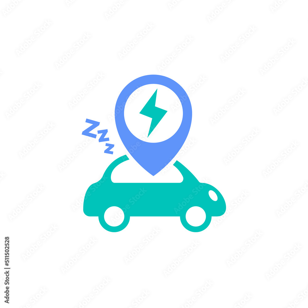 electric car running out of battery energy need charging spot station location icon vector illustration. EV vehicle sleep mode with pin map symbol graphic design. electric car running out of battery energy need charging spot station location icon vector illustration. EV vehicle sleep mode with pin map symbol graphic design.