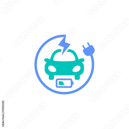 electric car battery charging energy refuel in progress icon vector illustration. ev vehicle with plug in cable and battery indicator symbol graphic design.
