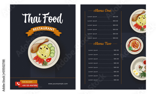 Thai Food Restaurant Menu Card With Double-Side In Black Color.