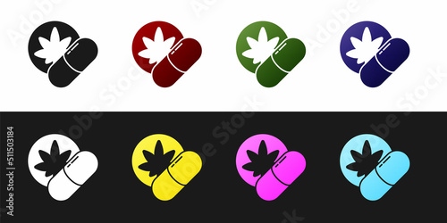 Set Herbal ecstasy tablets icon isolated on black and white background. Vector Illustration