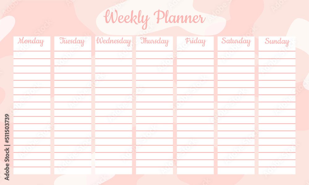 Weekly planner schedule template sheet printable design. To do list for every week day, remember notes.