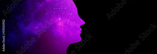 Vector illustration of human head with starry space background. Artificial intelligence or cosmic consciousness concept