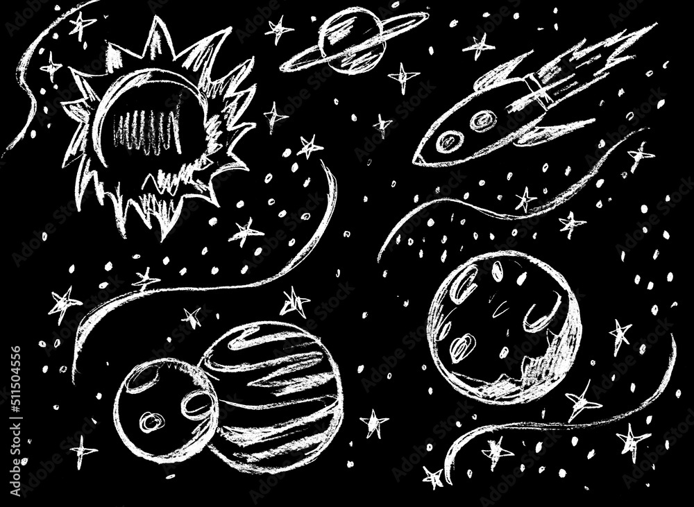 Naklejka premium Space with a flying rocket to the moon, white image on a black background