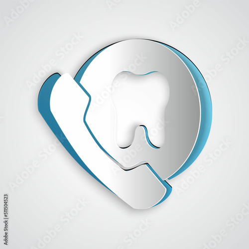 Paper cut Online dental care icon isolated on grey background. Dental service information call center. Paper art style. Vector