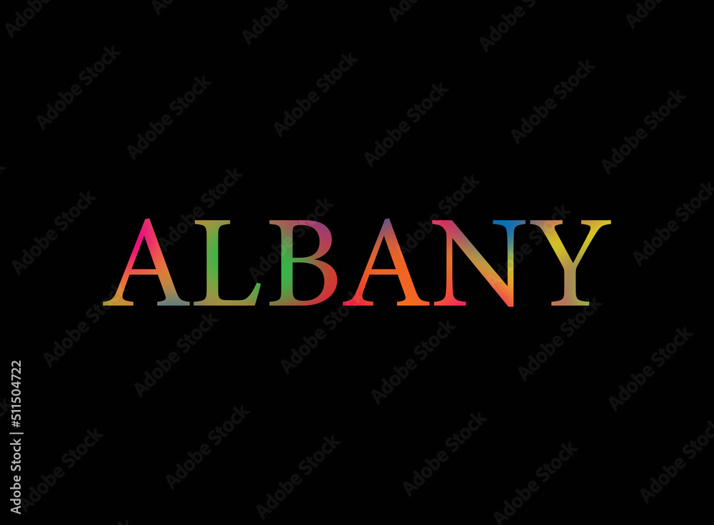 Rainbow filled text spelling out Albany with a black background 