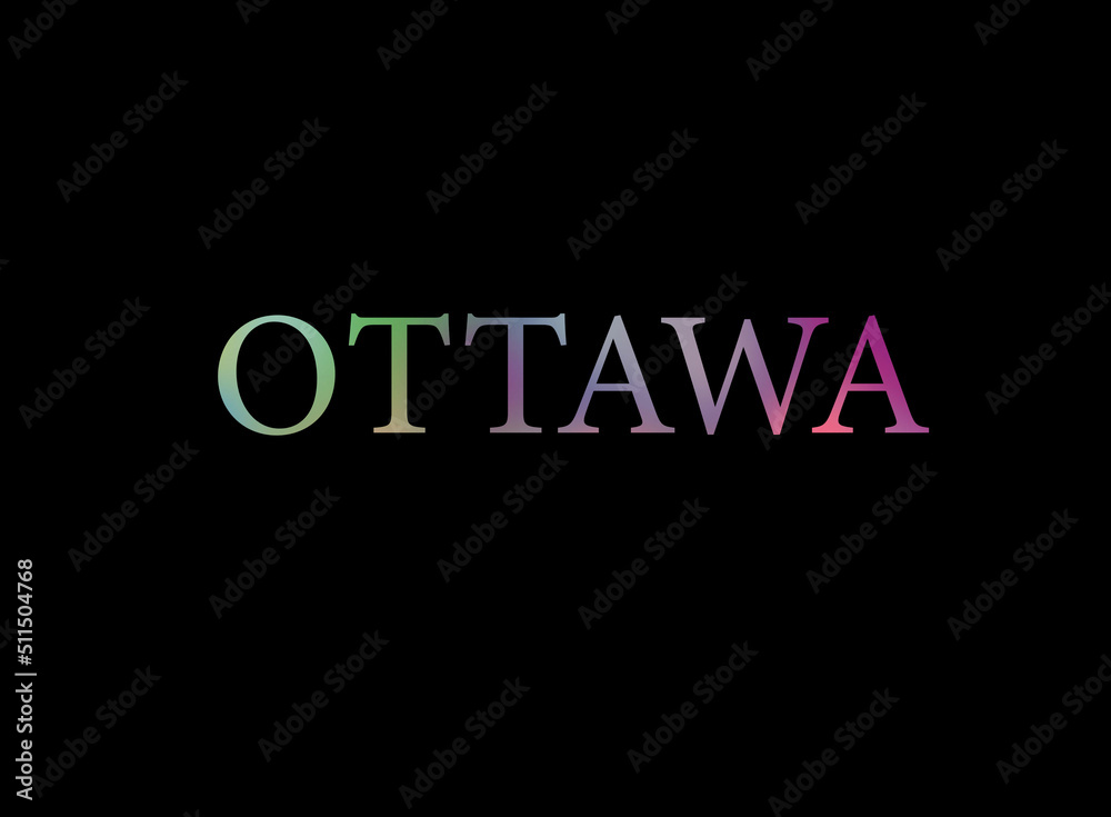 Fototapeta premium Rainbow filled text spelling out Ottawa with a black background 
