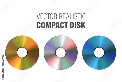 Vector 3d Realistic Multicolor, Golden, Silver, Blue CD, DVD Set Closeup Isolated. CD Design Template for Mockup, Copy Space. Compact Disk Icon, Top View