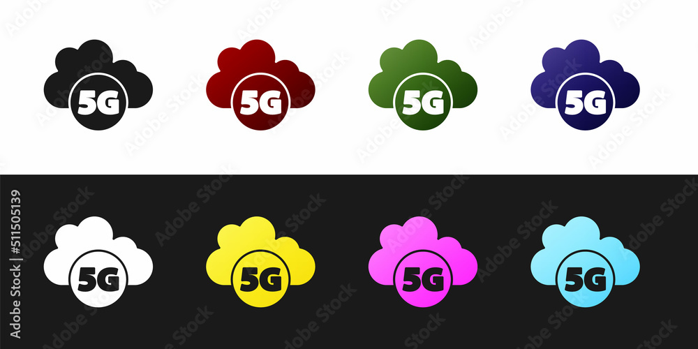 Set Cloud 5G new wireless internet wifi connection icon isolated on black and white background. Global network high speed connection data rate technology. Vector