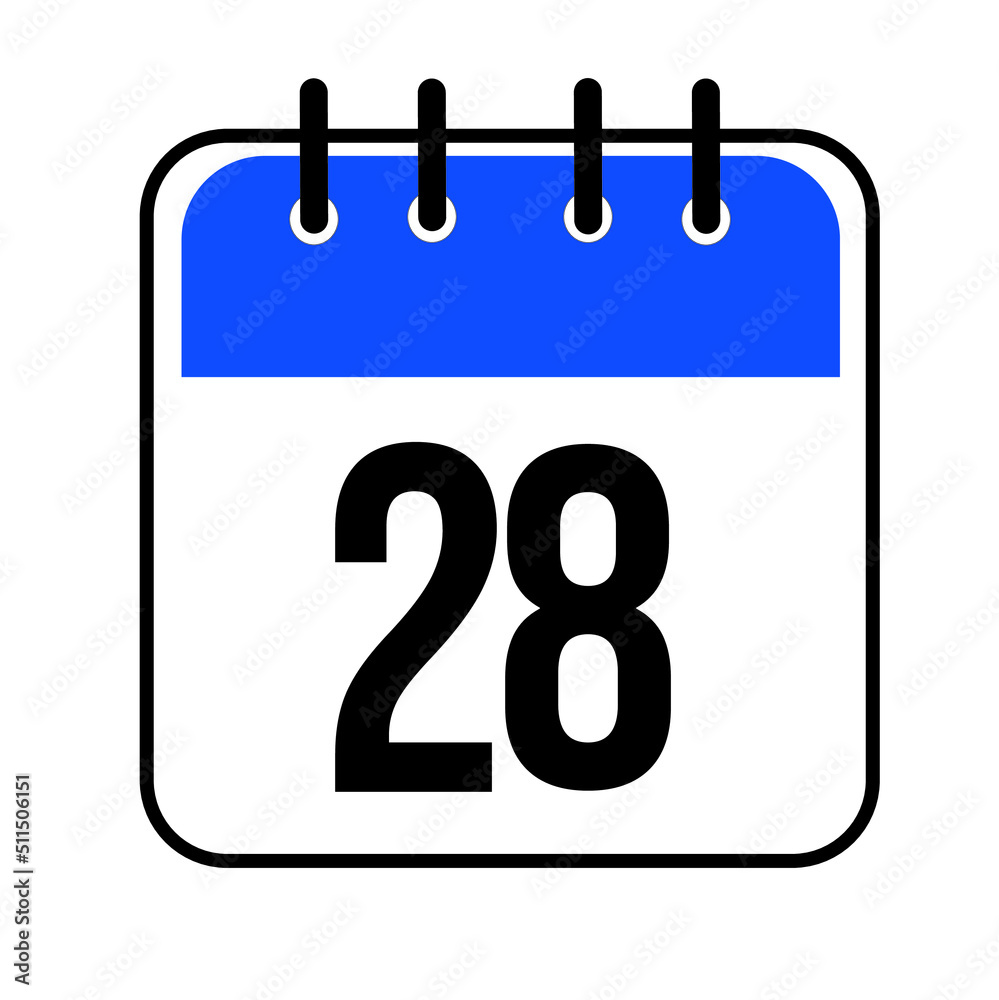 Calendar day 28. Number twenty eight on a white paper with blue border isolated on white background. Vector ilustration. Calendar day 28. Number twenty eight on a white paper with blue border isolated on white background. Vector ilustration.