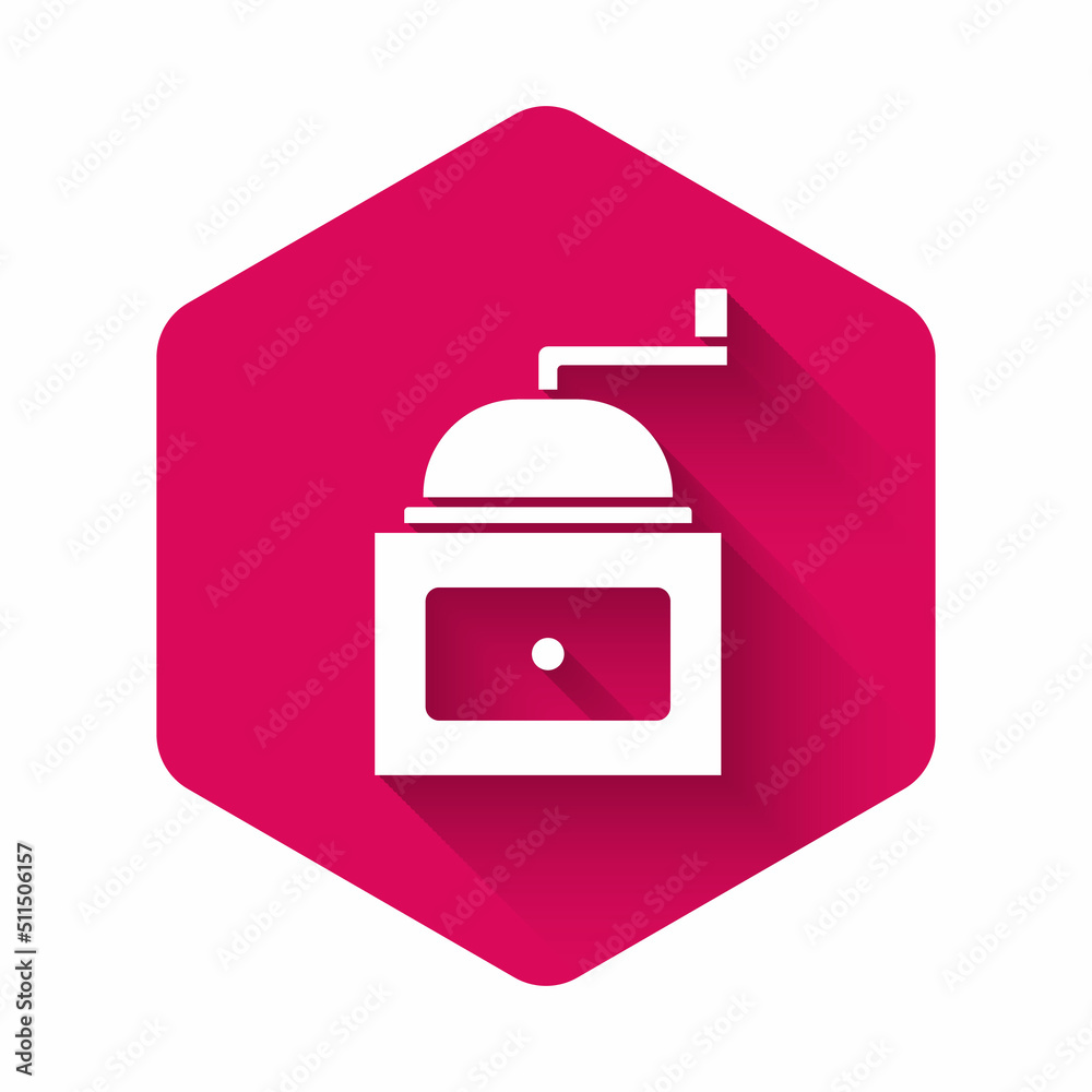 White Manual coffee grinder icon isolated with long shadow. Pink hexagon button. Vector White Manual coffee grinder icon isolated with long shadow. Pink hexagon button. Vector