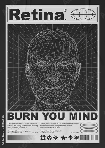 Poster low poly head, 3d human face mesh structure. In futuristic style, with techno design elements, print for a clothing brand, t-shirts, hoodies, banners