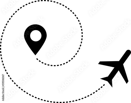  Plane and track icon on a white background. Aircraft trail with dotted line. Airplane tracking on route.eps