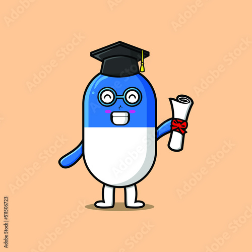 Cute cartoon capsule medicine student character on graduation day with toga in concept flat cartoon style