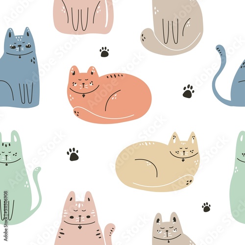 Hand-drawn seamless pattern with cute cats on a white background in Scandinavian style. Baby texture for fabric, wallpaper, clothes and room.
