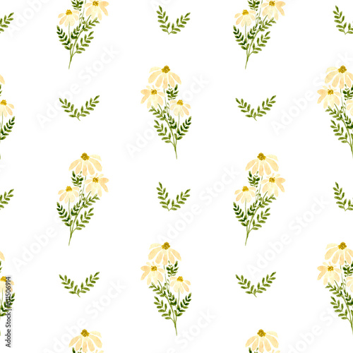 Watercolor floral seamless pattern. Pattern of meadow flowers. Floral design for covers  textiles  scrap booking  stationery and more. Watercolor chamomile.