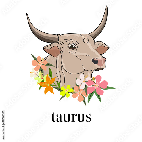 Taurus. 12 zodiac signs. Line art and beautiful colorful flowers. Black label on a white background. tattoos, luxury accessories, posters, fabric designs
