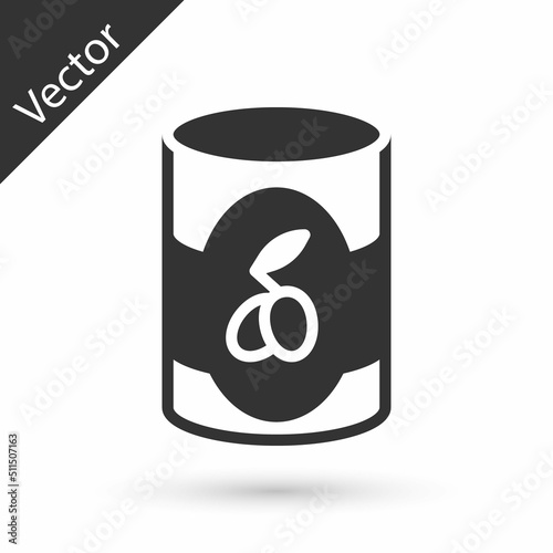 Grey Olives in can icon isolated on white background. Concept of canned food. Vector