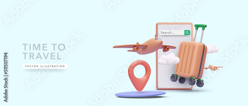 3d realistic phone with airplane, suitcase, clouds, pointer. Vector illustration