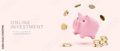 Piggy bank with falling coins in 3d realistic style. Vector illustration