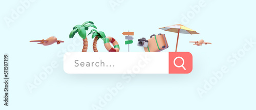 Searching for a place to rest vector illustration in 3d realistic style with airplane, palm tree, road sign, camera, suitcase, umbrella