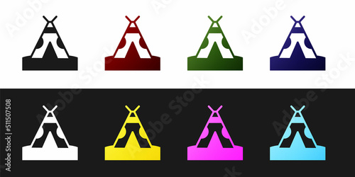 Set Traditional indian teepee or wigwam icon isolated on black and white background. Indian tent. Vector