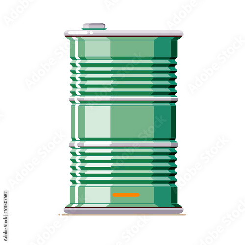 Colorful metal barrel with cap for storage and transportation liquid. Isolated drum on white background. Flat cartoon tank for poster, web design, banner, icon, logo or badge. Vector illustration.