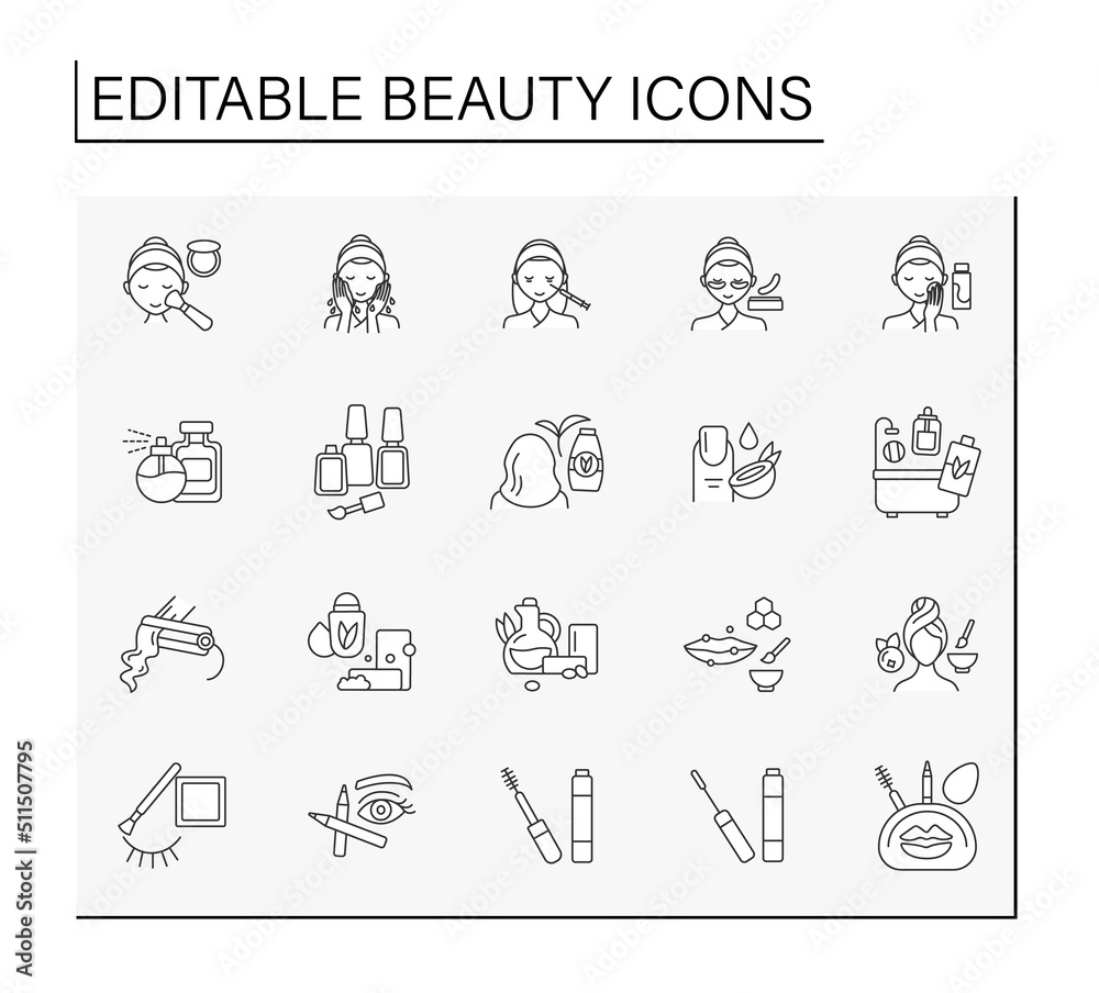 Beauty line icons set. Facial mask, makeup table, mascara and eye patches, beauty salon. Spa concept. Isolated vector illustration. Editable stroke