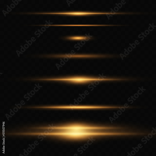 Pack of golden bright horizontal highlights, rays, lines on a transparent background. Laser beams, horizontal light beams.