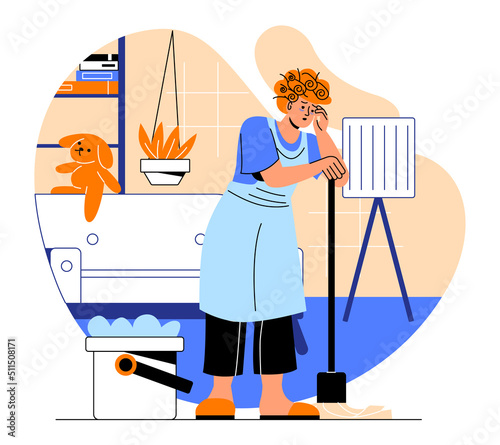 Women tired from housework. Young girl with mop cleaning room and crying. Emotional yelling from overloaded hostess. Routine and household chores, multitasking. Cartoon flat vector illustration