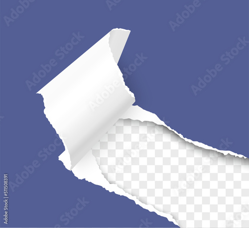 Torn hole of lower right corner of blue sheet with paper curl and transparent background of the resulting window. Realistic vector template paper design.