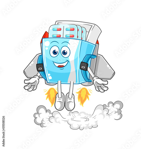 medicine package with jetpack mascot. cartoon vector