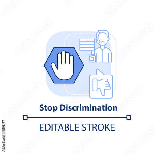 Stop discrimination light blue concept icon. Unjust treatment. LGBT issue abstract idea thin line illustration. Isolated outline drawing. Editable stroke. Arial, Myriad Pro-Bold fonts used