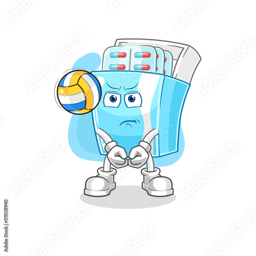 medicine package play volleyball mascot. cartoon vector
