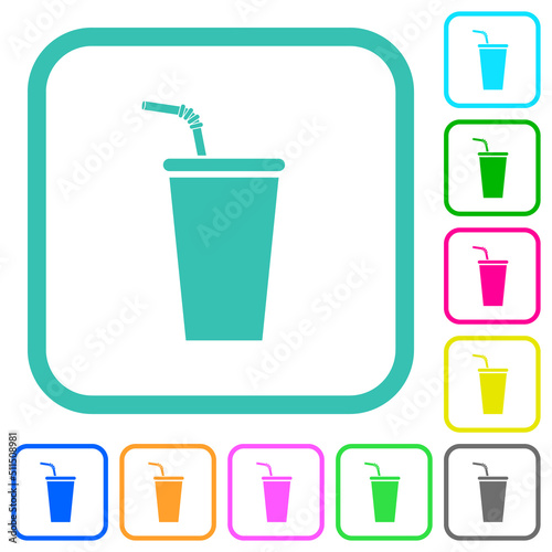 Disposable drinking cup with straw vivid colored flat icons