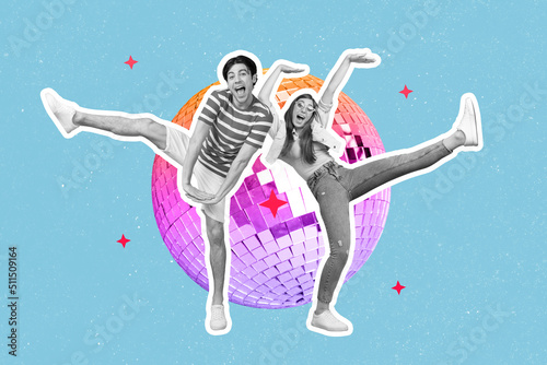 Creative poster collage of active lady guy dance energetic party isolated blue color glitter disco ball background