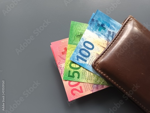 Swiss Franc advantages hundred, fifty, twenty in your wallet on a grey background