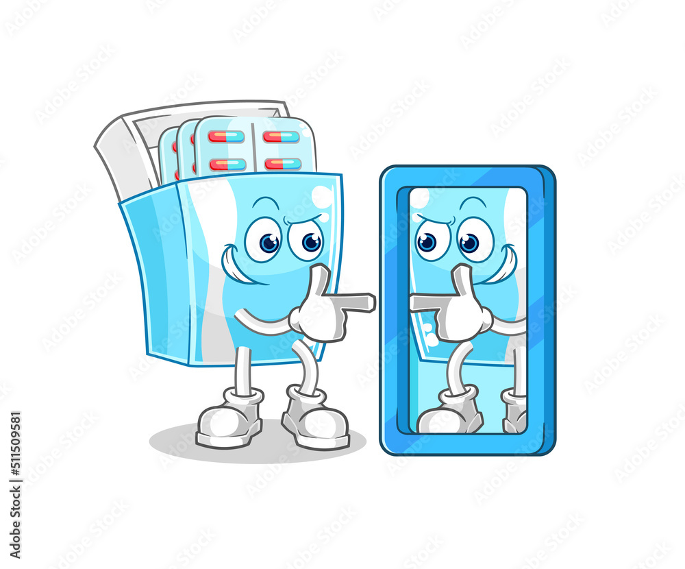 Fototapeta premium medicine package looking into mirror cartoon. cartoon mascot vector