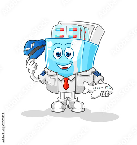 medicine package pilot mascot. cartoon vector