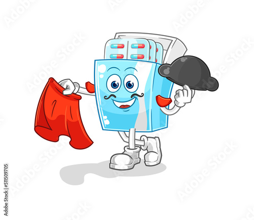 medicine package matador with red cloth illustration. character vector