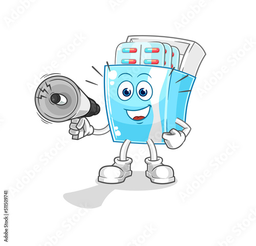 medicine package holding hand loudspeakers vector. cartoon character