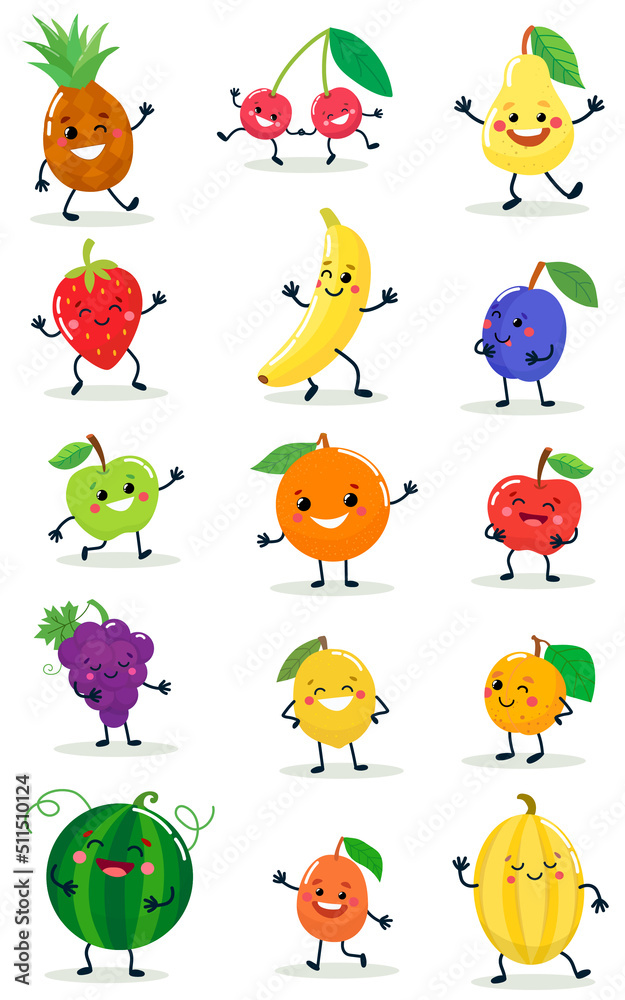 Obraz premium A set of humanized vegetables and fruits with cheerful faces. isolated on white background