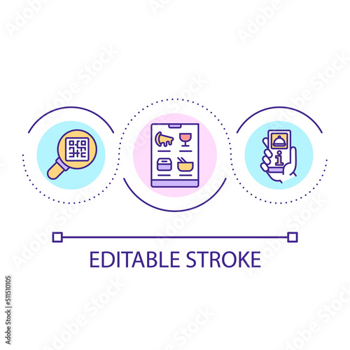 Digital menu for restaurant loop concept icon. Interactive experience with menu abstract idea thin line illustration. QR code scanning. Isolated outline drawing. Editable stroke. Arial font used
