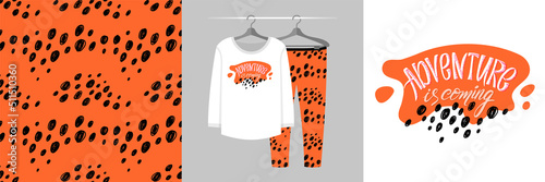 Seamless pattern and illustration set with leopard spots and lettering Adventure is coming. Aesthetic design pajamas, background for apparel, room decor, tee prints, fabric, wrapping