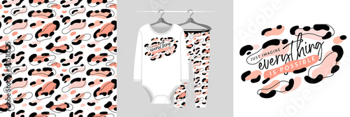 Seamless pattern and illustration set with leopard spots and lettering Just imagine Everything is Possible. Aesthetic design pajamas, background for apparel, room decor, tee prints, fabric, wrapping