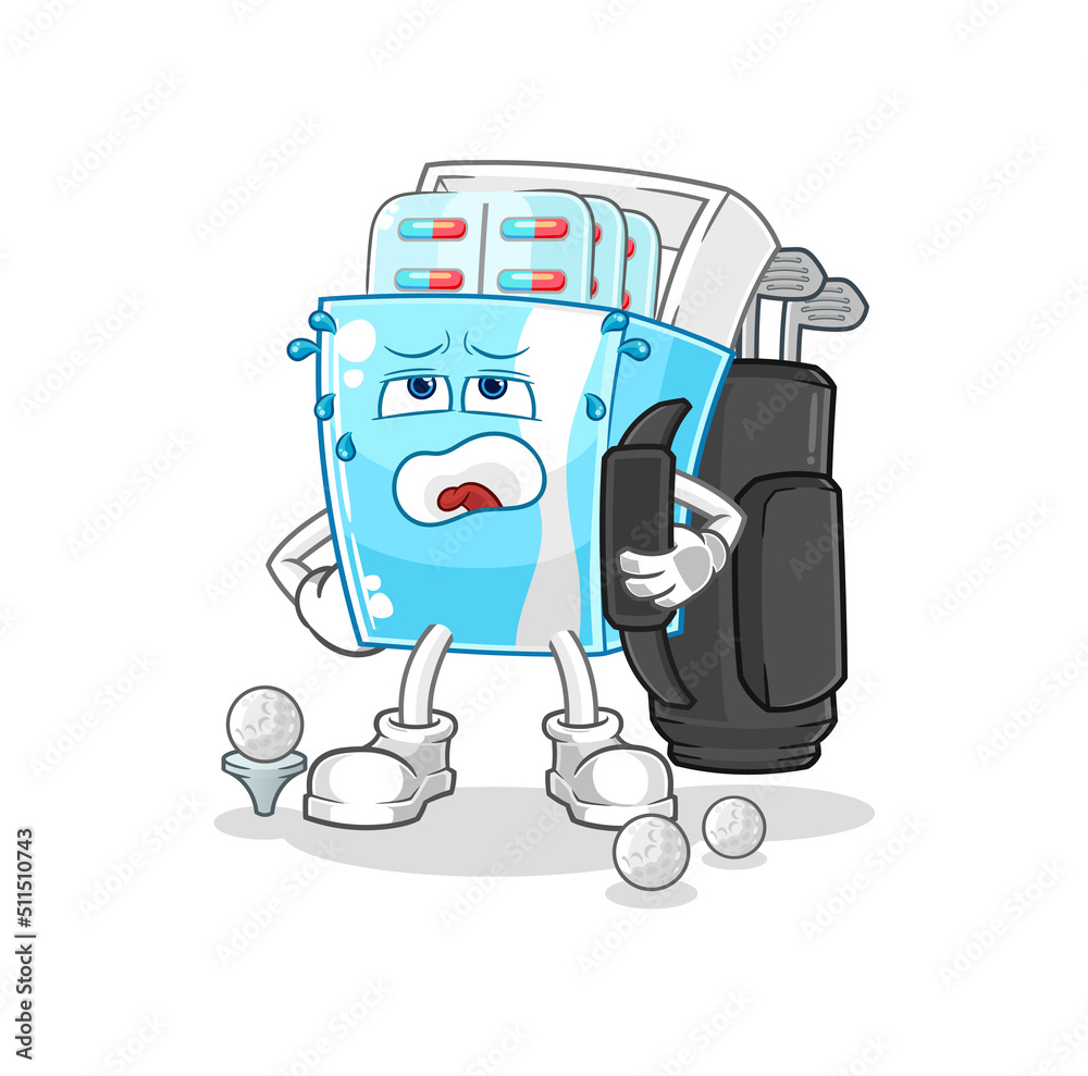 medicine package with golf equipment. cartoon mascot vector