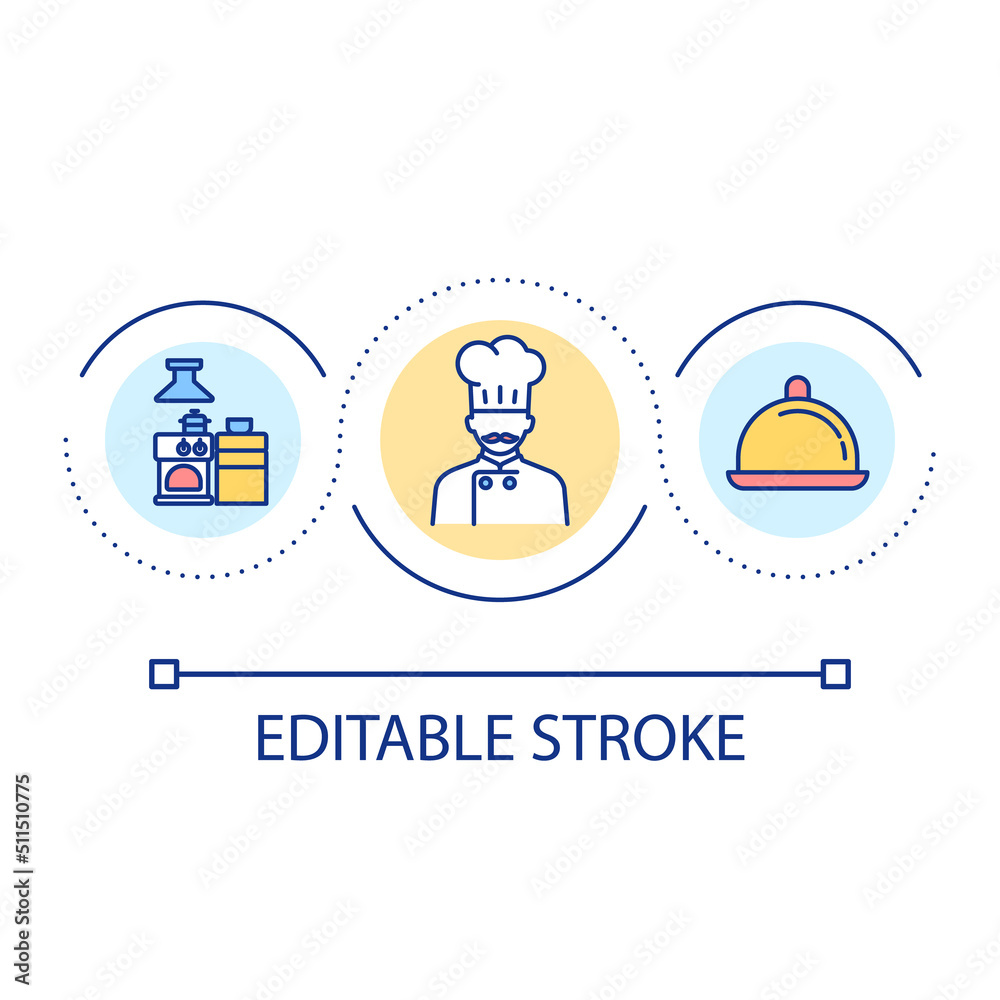 Head chef job loop concept icon. Kitchen staff abstract idea thin line illustration. Food preparation. Managing cooking process. Isolated outline drawing. Editable stroke. Arial font used