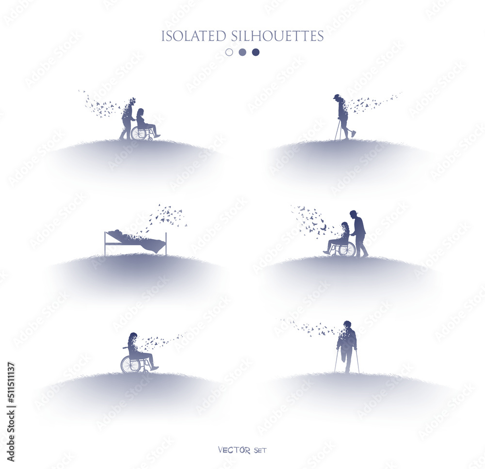 Disabled person silhouette. People in heaven. Death and afterlife