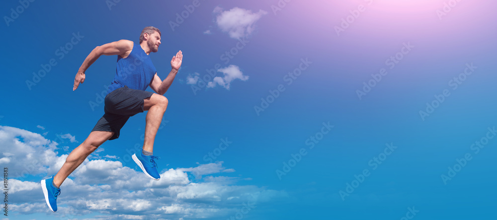 Man running and jumping, banner with copy space. workout activity. healthy man jumping. fitness guy in sportswear. full of energy.